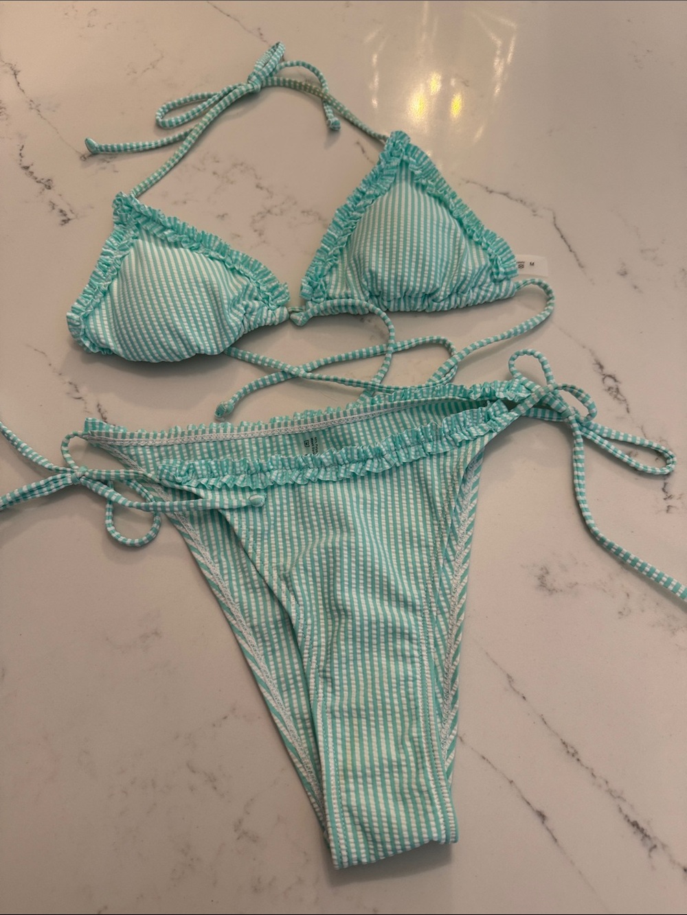 Aqua Stripe Tie-Side Bikini - Size Medium
